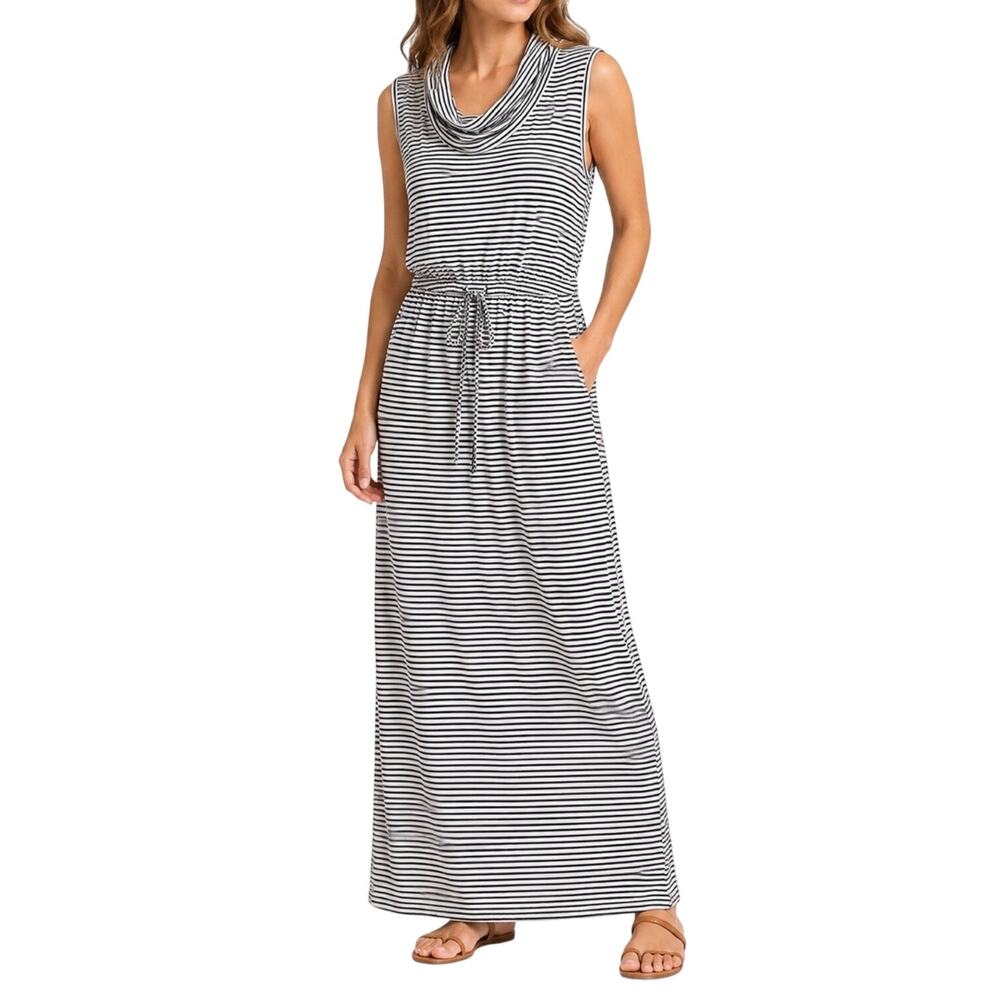 Chico's Zenergy Maxi Dress Size S Black White Stripe Drape Cowl Neck Sleeveless